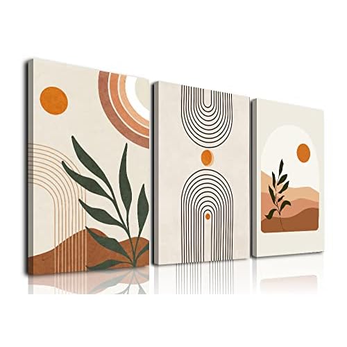 Boho Wall Art Set of 3, MidCentury Modern Wall Prints Framed Canvas Paintings Minimalist Abstract Geometric Beige Orange Moon Plant Desert Nature Illustrations Artwork, Boho Wall Decor Ready To Hang