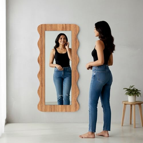 Image of Creative Arts n Frames 18x42 inch Long Wooden Irregular Curve Zigzag Shape Wall Hanging Wall Mount Full Length HD Mirror Home Decor Items (Natural Iqurel Oak Zigzag 1)