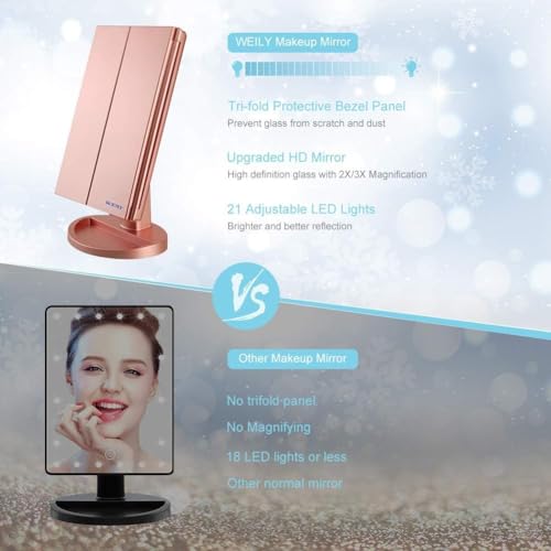 Miniatura 7 de Weily Espejo De Vanidad Triple, 21 Led Y Aumento 1x 2x 3x, Interruptor Táctil Para Ajustar El Brillo, Modo De Fuente De Alimentación Dual Espejo De Maquillaje Oro Rosa