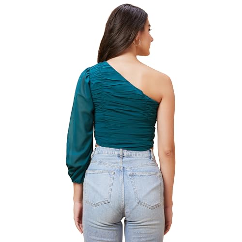 Image of Globus Women Green Solid One Shoulder Pleated Party Crop Top-3638515002