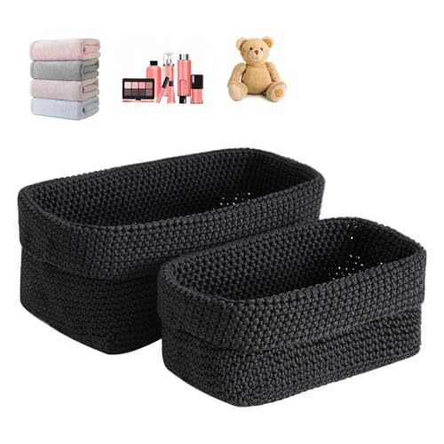 2 Stück Aufbewahrungskorb Geflochten,Häkelkorb Körbe Geflochten,Aufbewahrungskorb Set Für Wohnzimmer,Bäder,Büros,Küchen,Handtücher,Kosmetik,Spielzeug,Schmuck(Schwarz)