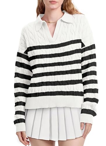 Image of WIHOLL Long Sleeve Sweaters for Women 2024 Fall Winter Outfits Fashion Polo V Neck Clothes Tops