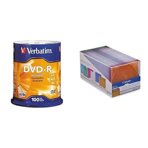 Verbatim DVD-R AZO Dye 4.7GB 16X 100 Discs Spindle + 50 Slim Storage Cases Assorted Colors – Data &amp; Music Recording Bundle