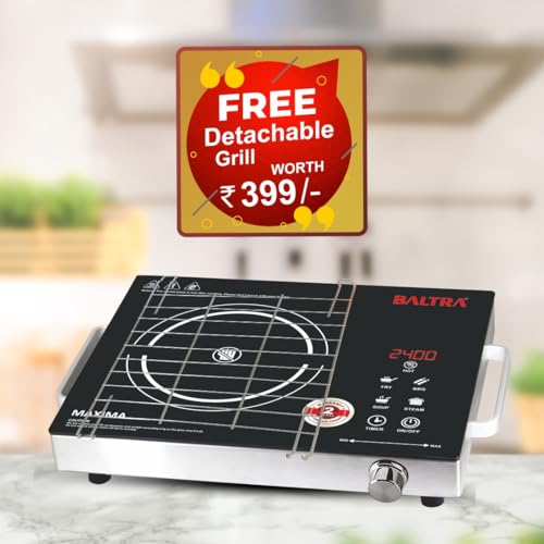 Image of BALTRA 2400W Infrared Induction Cooktop with Free Grill for BBQ | Touch Control | LED Digital Display | 4 Preset Cooking Modes | Energy Efficient | Auto Cut-Off & 5KV Surge Protection