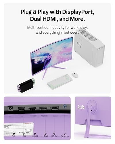 Image of Pixio PXC279 Wave Purple 27 inch 300Hz 1080p 1650R Curved Fast VA 1ms GTG Adaptive Sync Gaming Monitor with Purple HDMI 2.1 Cable Certified Ultra High Speed 10FT 8K 60Hz 4K 120Hz Nylon Braided