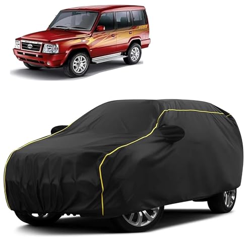 Image of Sulfar 100% Water Resistant Car Body Cover Compatible with Mirror for Tata Sumo (Triple Stitched, Full Bottom Elastic, Black Taffeta with Yellow Piping)