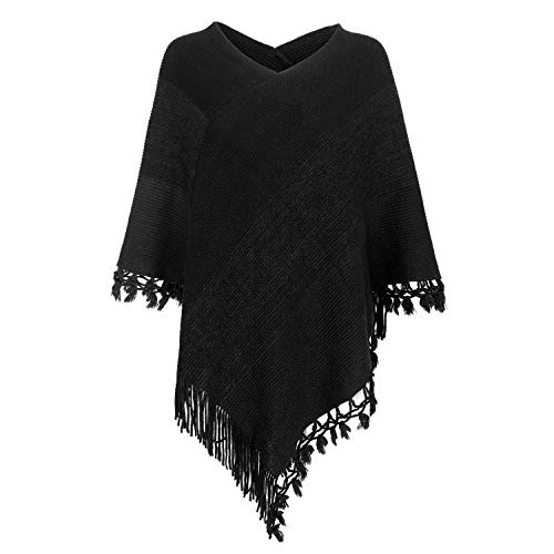 Fomolom Women Striped Poncho with Tassels Knitted Shawl Scarf Fringed Wrap Sweater Pullover Cape Gifts for Women