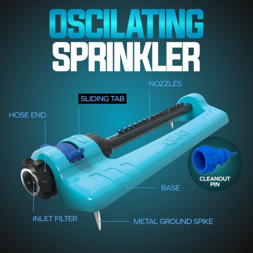 Image of Aqua Joe Oscillating Sprinkler with Adjustable Spray, 16 Clog-Resistant Nozzles, Standard Base w /Metal Ground Spike, 3400 Square Foot Coverage