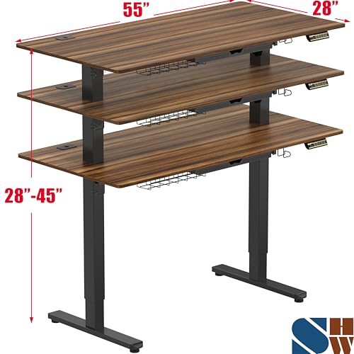 Image of SHW 55 x 28 Inches Electric Height Adjustable Standing Desk with Drawer and Memory Preset, Walnut