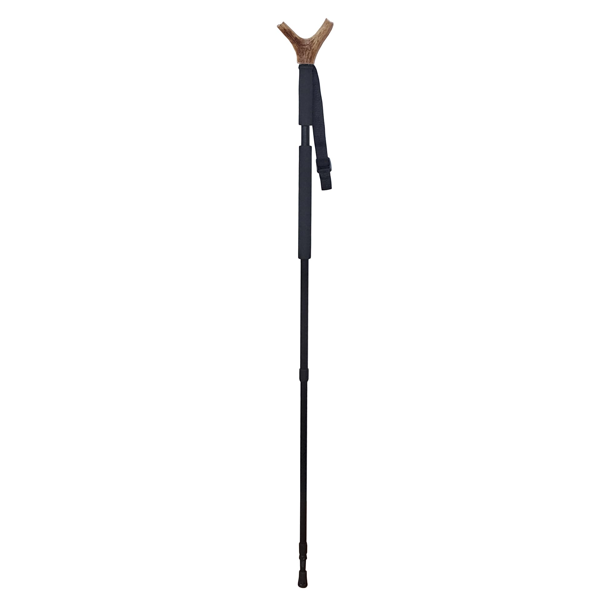 Tiendas LGP – JKR, Bastón de Caza Negro de 3 tramos, Extensible, Aluminio, con Horquilla de Asta de Ciervo, Medida máxima 190 cm. 2519C