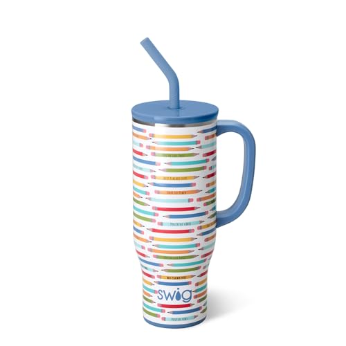 picture of a Swig brand 30 ounce insulated tumbler with straw and colorful pencil print; includes a link to purchase on Amazon