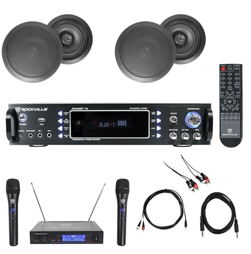 Audiosavings Bundle: (4) Pair Rockville HC655 Black Ceiling Speakers+Wireless Mics Bundle with (1) Rockville RPA60BT V2 2-Ch USB Bluetooth Karaoke Amplifier Mixer (Items 9)