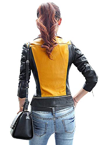 ebossy Women's Contrast Color Faux Leather Biker Jacket with Removable Bottom2