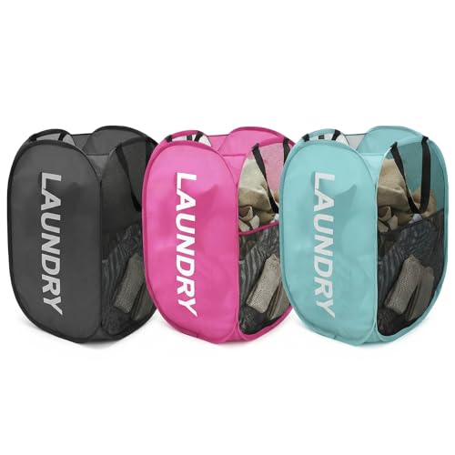 Image of 3PCS Collapsible Laundry Baskets, 75L Pop Up Laundry Hamper, Breathable Durable Mesh Laundry Basket, Reusable Large Washing Basket with Handles for Living Room, Bathroom, Dorm, Travel-Pink Blue Black