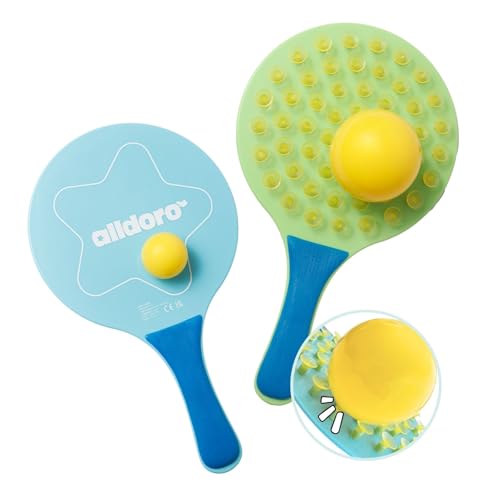 alldoro 60070 Sticky Beachball-Set - 2in1 Strandspiel mit 2 ergonomischen Schlägern + 2 Bällen, einseitig mit Saugnäpfen zum Fangen