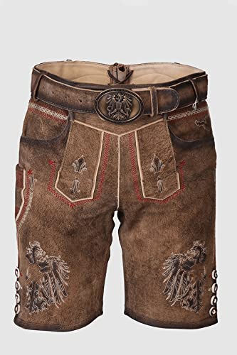 KRÜGER Heren klederdracht leren broek kort, model: MEI Hoamat met riem, knielang, art.nr. 094666-0-0007, bruin - Afbeelding 3