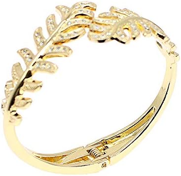 Sparkly Rhinestone Leaf Hinge Bangle Bridal Wedding Statement Bracelet Crystal Adjustable Cuff Bracelets Gold Platinum Tone Women Girls Lover Gifts (Gold leaf bracelet)