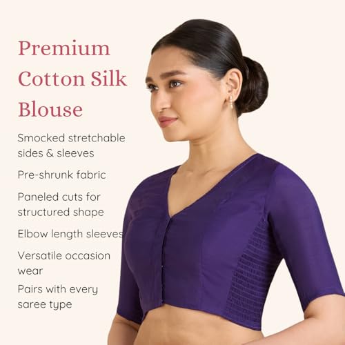 Image of Studio Shringaar Women's Cotton Stretchable (Smocked) Readymade Saree Blouse