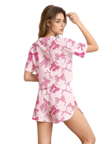 Image of Split Short Pajama Set Soft Women's Striped Pajama Sleeve Tee & Elastic Waist Shorts Summer Lounge Sleepwear