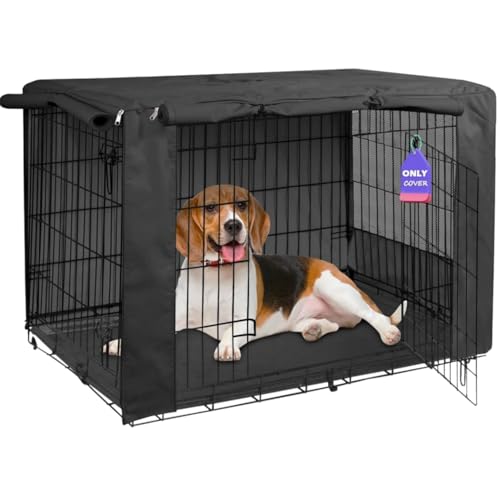HiCaptain Breathable Dog Crate Cover 42 Inch, Durable Heavy Duty Kennel Cover, Dual Zippered Panels, Windproof Waterproof UV-Resistant(Black)