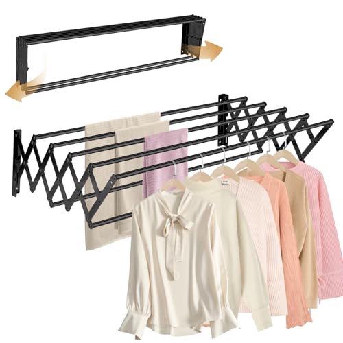 XL-31.5'' Wall Mounted Clothes Drying Rack, 130 lbs Large Capacity Rustproof Retractable Collapsible Drying Rack Easy Install with 7 Drying Rods, Space Saving Towel Clothes Rack for Laundry-Black