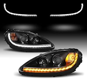AmeriLite for 2005-2013 Chevy Corvette C6 Switchback LED Tube Black Projector Headlights Set - Passenger and Driver Side