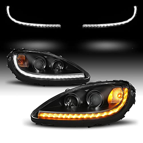 AmeriLite for 2005-2013 Chevy Corvette C6 Switchback LED Tube Black Projector Headlights Set - Passenger and Driver Side
