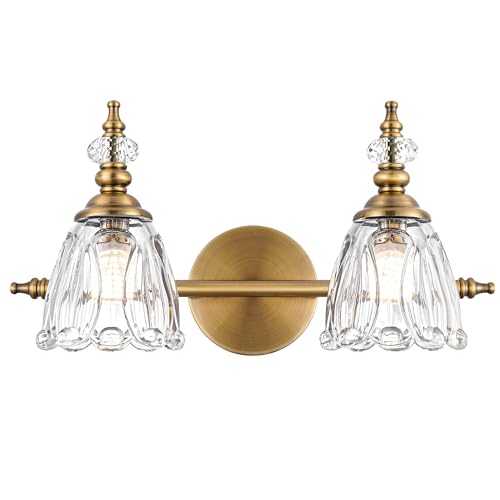 Image of Brass Vanity Light, Vintage Brushed Gold Bathroom Light Fixtures, 2 Light Bathroom Vanity Lights, Flower Glass Shade Wall Sconce Lighting