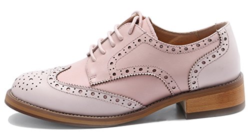 U-lite Women's Perforated Lace-up Wingtip Leather Flat Oxfords Vintage Oxford Shoes Brogues (8.5, Pink/Light Pink)