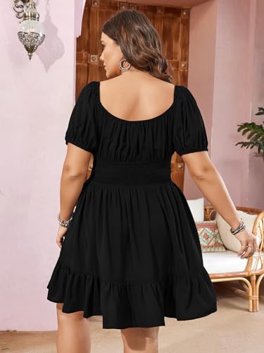 Womens Plus Size Short Lantern Sleeve Scoop Neck Mini Dress Elastic High Waist Summer Dresses Ruffle Wedding Guest Dress2