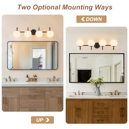 Image of Globe Vanity Light, 31 inch Modern Gold Bathroom Light Fixtures Mid-Century Milk Glass Vanity Light 4-Light Wall Sconce Black