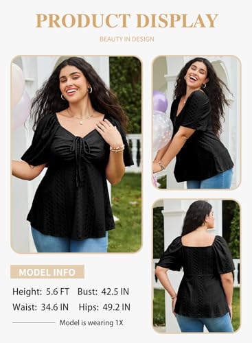 Eytino Womens Plus Size Tops Sweetheart Neck Short Sleeve Eyelet Embroidery Summer Loose Peplum Shirts(1X-5X)3