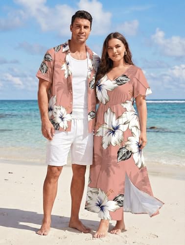 Image of Matchable Couple Hawaiian Sea Beach Starfish Turtle Shell Print Shirt or Plus Size Midi Split A Line Dress
