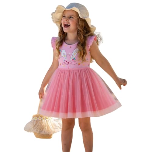 HILEELANG Little Girl Ruffle Short Sleeve Dress Cotton Pink Tull Tutu Easter Bunny Party Dresses 6 Years