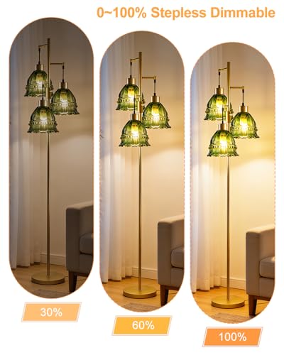 Image of Lightdot 3-Lights Green Glass Floor Lamp Dimmable Gold Floor Lamp with Glass Shade 3000K Bulbs Included Unique Modern Standing Tall Lamp with 5Lbs Heavy Base for Living Room /Bedroom /Sofa Beside