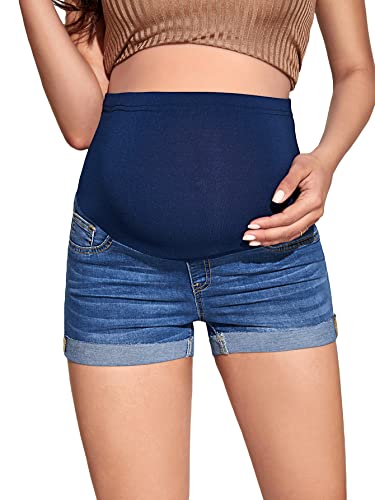 Wdirara Women's Maternity Shorts Over Belly Skinny Denim Shorts With Pocket Roll Hem Medium Wash L #TOP26