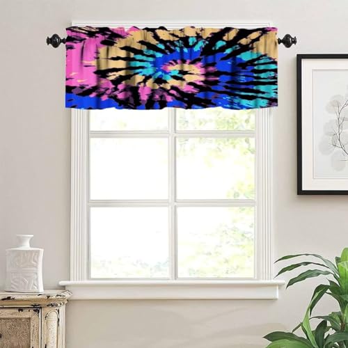 Image of Swirl Tie Dye Window Valance Curtain, Retro Spiral Hippie Style Chic Colorful Watercolor Window Valances Treatments for Kitchen Living Room Cafe Decor 54'x18', 1 Panel