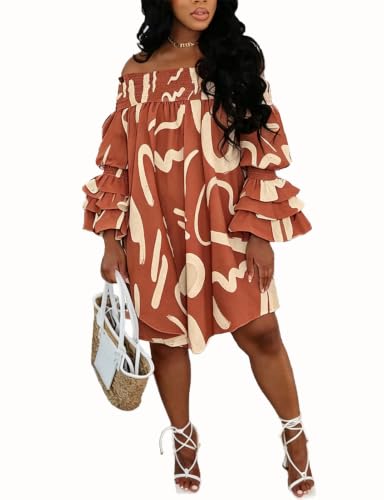Image of WOKANSE Party Dresses for Women Off Shoulder Layered Flare Sleeve A line Ruched Plus Size Midi Summer Dress