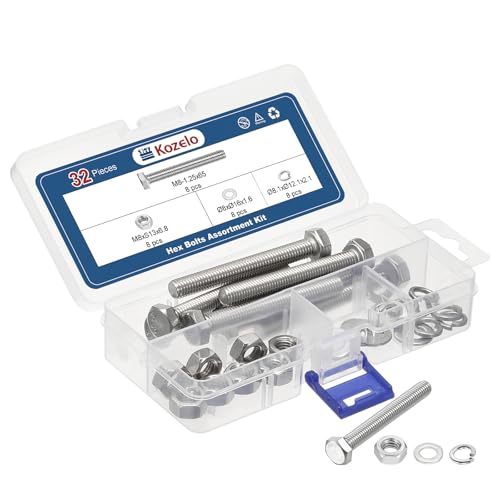 Kozelo 32Pcs Kit Boulons Écrous Rondelles-M8-1.25x65 304 SS Hex Tap Bolt