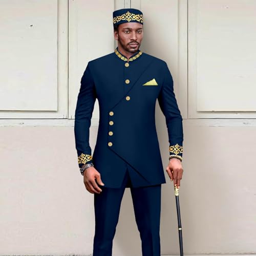 African Clothes for Men Dashiki Embroidery Blazer and Trousers Match Hats 3 PCS Set for Wedding2