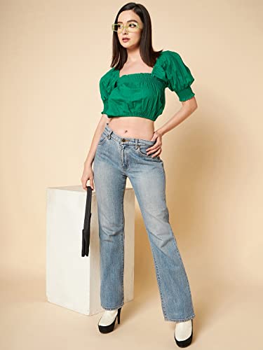 Image of HIGH Star Women's Square Neck Puff Sleeve Pure Cotton Slim Fit Blouson Top