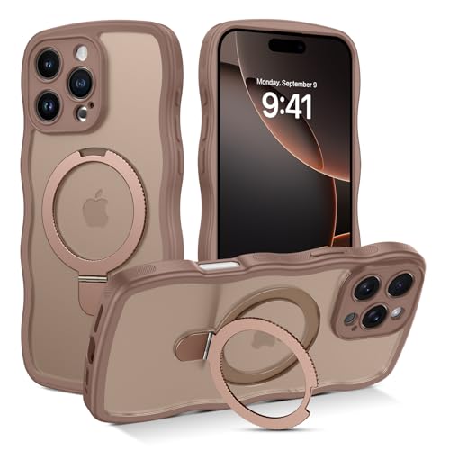 GUAGUA Magnetic for iPhone 16 Pro Max Case with Invisible Stand [Compatible with MagSafe] [Military Grade Drop Protection] Cute Curly Wavy Phone Case Frosted Slim Shockproof Cover Desert Titanium