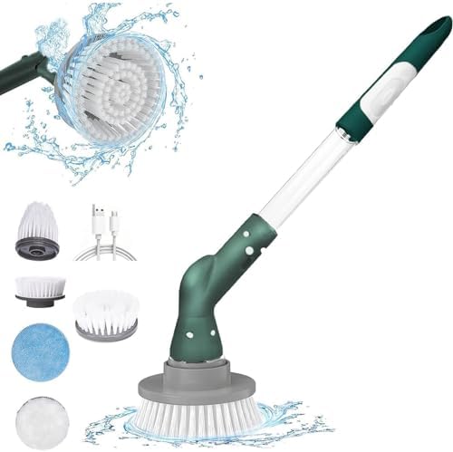 Electric Cleaning Brush - Long Handled Bathroom Cleaner, Cordless Power Scrubber with 4 ...