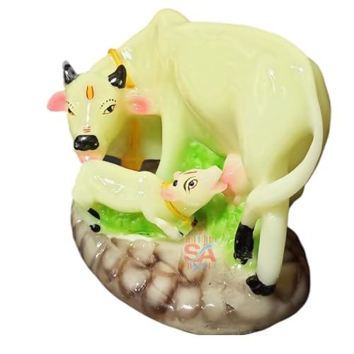 Image of Sai Amrut Handicraft Decorative Polystone Cow and Calf Big Statue /Idol for Gift Home Decor 6 inch (Madhle Radium Glow in Night)