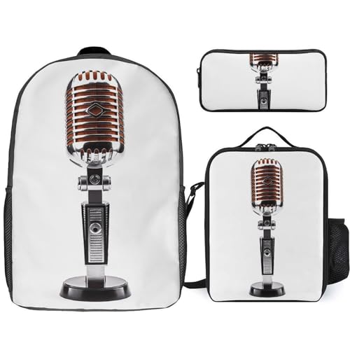 3 Piece Backpack for Women Men Lightweight Causal Daypack Shoulder Bag Set with Insulated Lunch Bag And Pencil Case Organizers Vintage Microphone