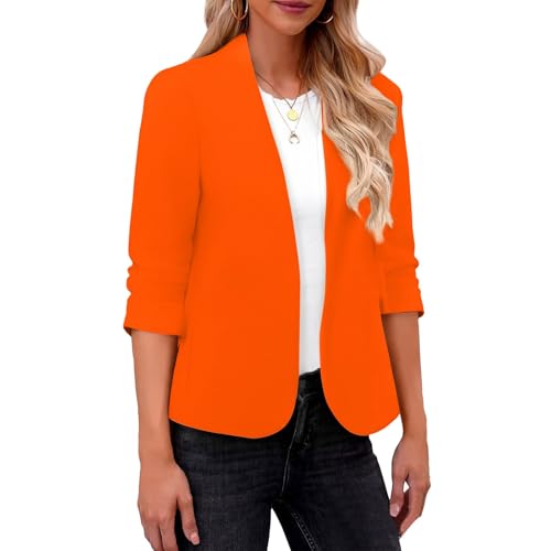 Image of Womens Cropped Blazer Collarless Suits & Blazers Open Front Jackets 3/4 Ruched Sleeves Outerwear Half Linen Cardigan-2 Orange