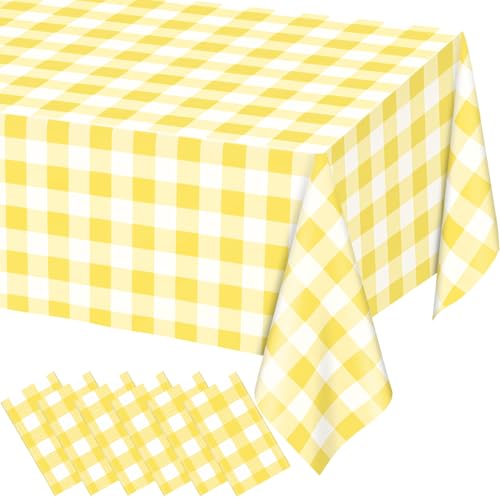 Image of WNINK 6 Pack Light Yellow Gingham Rectangular Plastic Tablecloths, Yellow and White Checkered Disposable Table Covers 54 inch x 108 inch for Birthday, Wedding, Bridal Shower, Outdoor Picnic Camping Parties