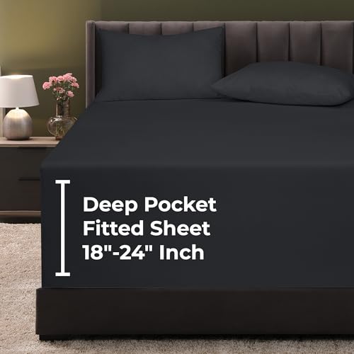 Image of Royale Linens Extra Deep Pocket Twin Fitted Sheet Only - Twin Size Deep Pocket Black Fitted Sheet - Fits 18 inch to 24 inch Thick Mattress - Soft & Breathable Elastic Sheets (39x75 Inches, Black)