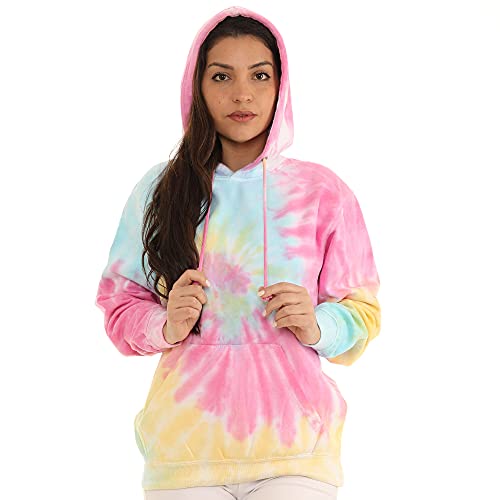 Pure Essence Tie Dye Long Sleeve Pullover Hoodie for Men and Women, Fleece Hooded Sweatshirt with Front Pocket and Drawstring, Sherbert Swirl, Medium