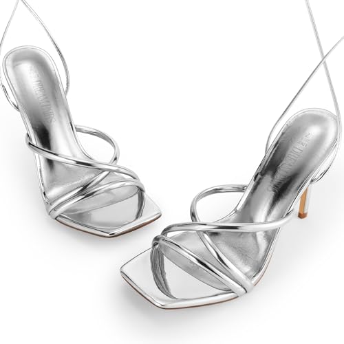 DREAM PAIRS DREAM PAIRS Heels for Women Strappy High Stiletto Lace Up Heeled Sandals Square Open Toe Heels for Prom Party Dating,Size 8.5,Silver-Pu,SDHS2478W